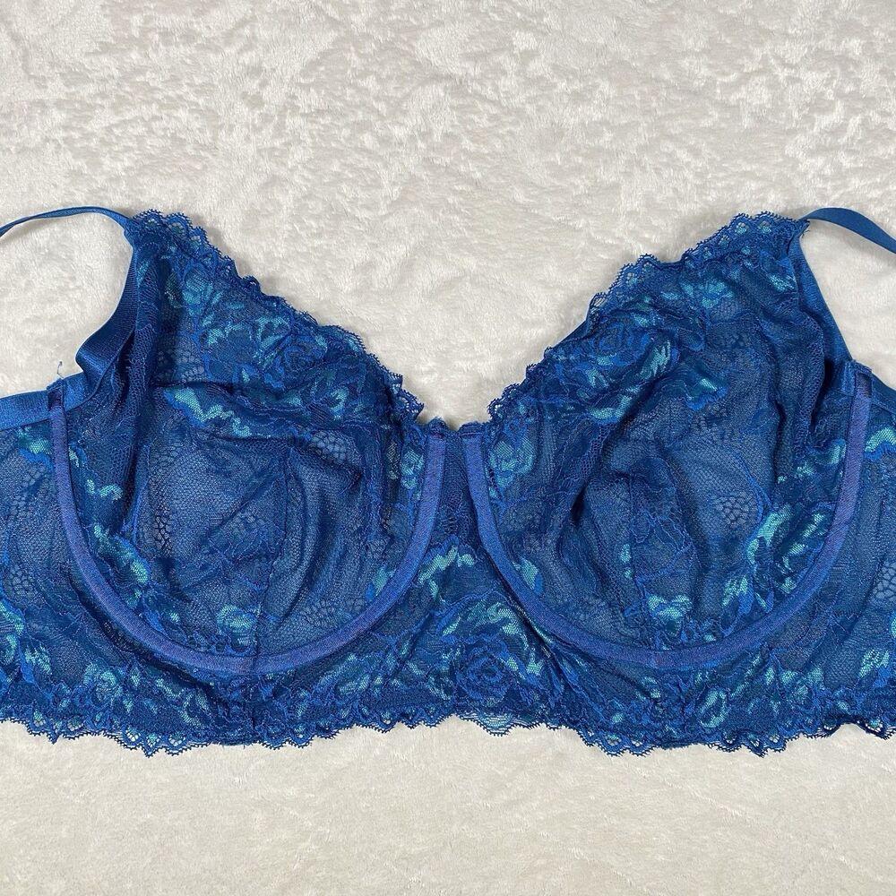 Torrid Curve Size 4 Longline Bra Blue Lace Underwire Sheer Sexy Coquette PinUp